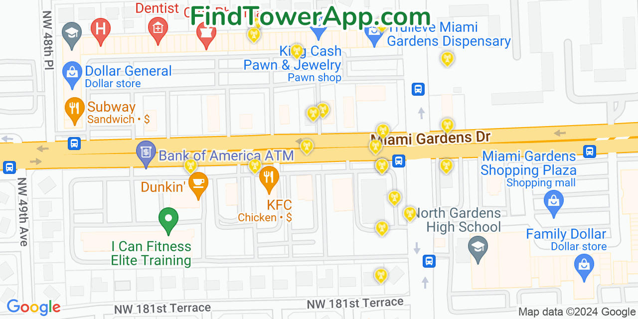 AT&T 4G/5G cell tower coverage map Carol City, Florida