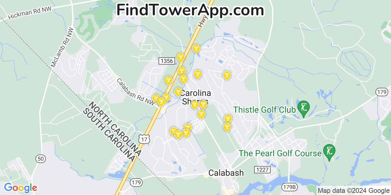 AT&T 4G/5G cell tower coverage map Carolina Shores, North Carolina