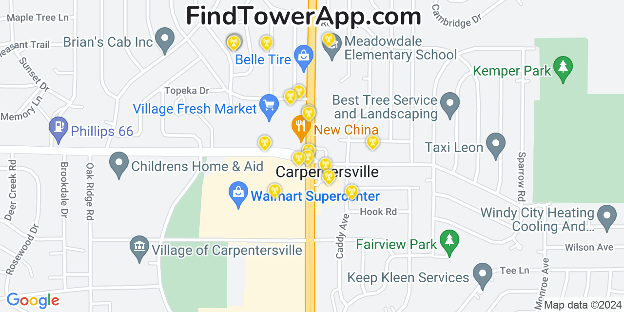 AT&T 4G/5G cell tower coverage map Carpentersville, Illinois