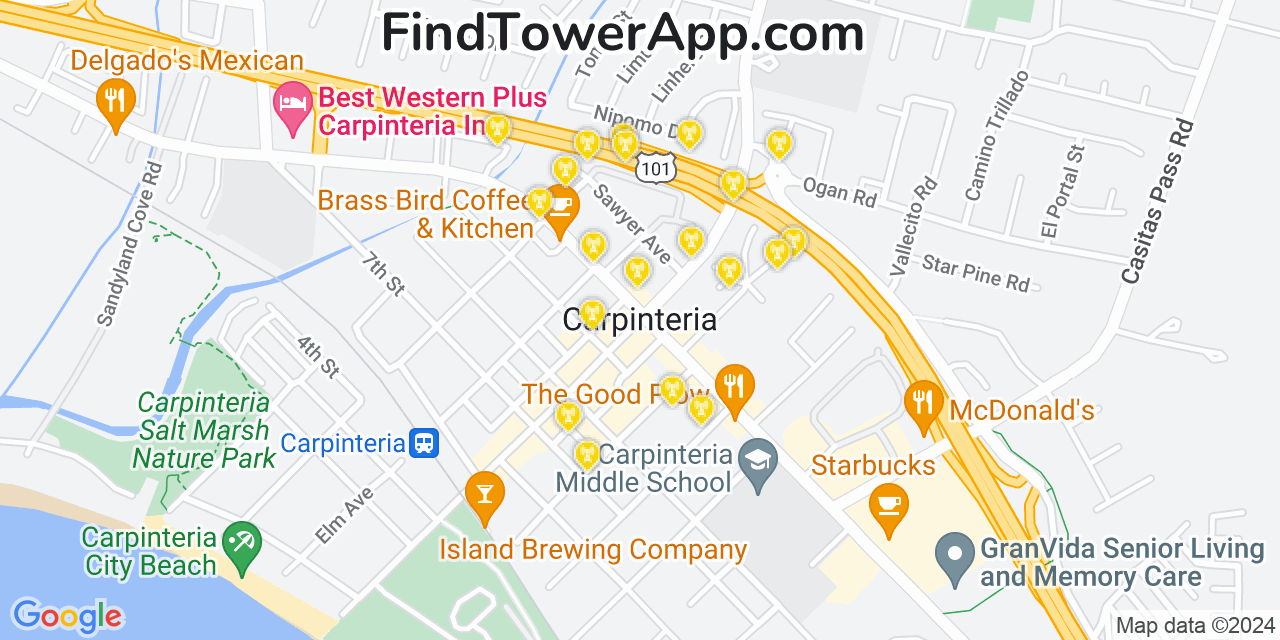 AT&T 4G/5G cell tower coverage map Carpinteria, California