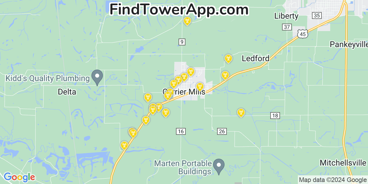 AT&T 4G/5G cell tower coverage map Carrier Mills, Illinois