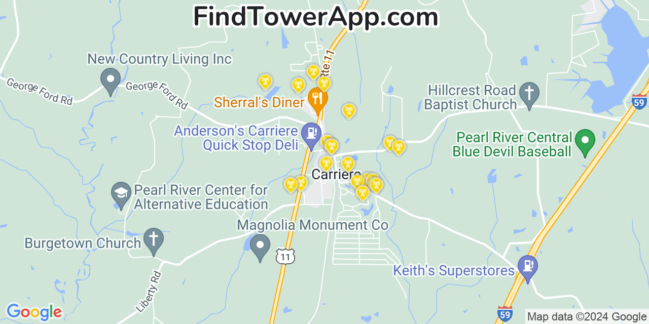 AT&T 4G/5G cell tower coverage map Carriere, Mississippi