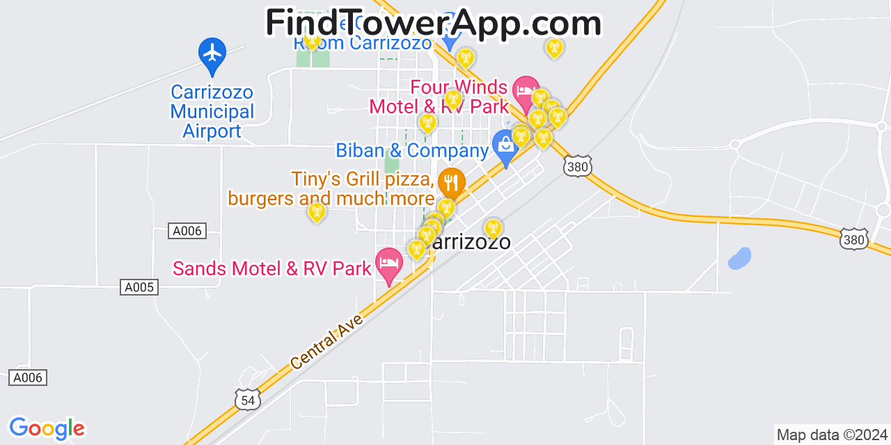 AT&T 4G/5G cell tower coverage map Carrizozo, New Mexico