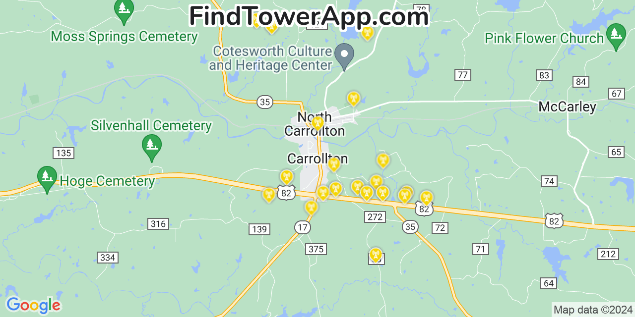 AT&T 4G/5G cell tower coverage map Carrollton, Mississippi