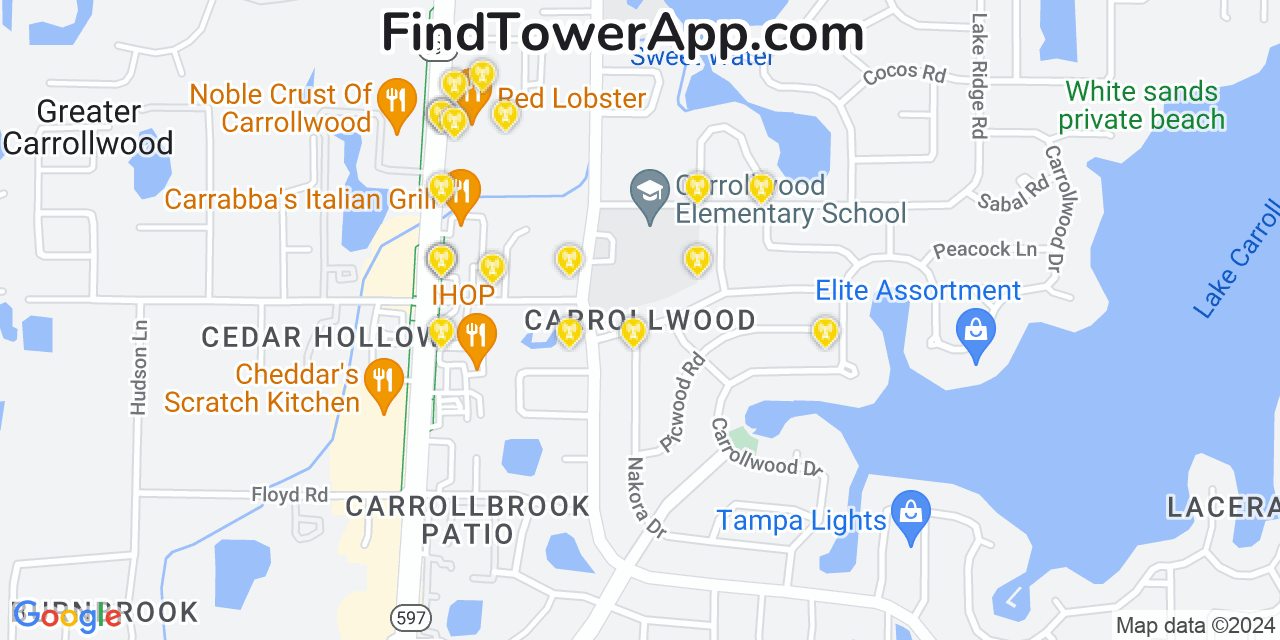 AT&T 4G/5G cell tower coverage map Carrollwood, Florida