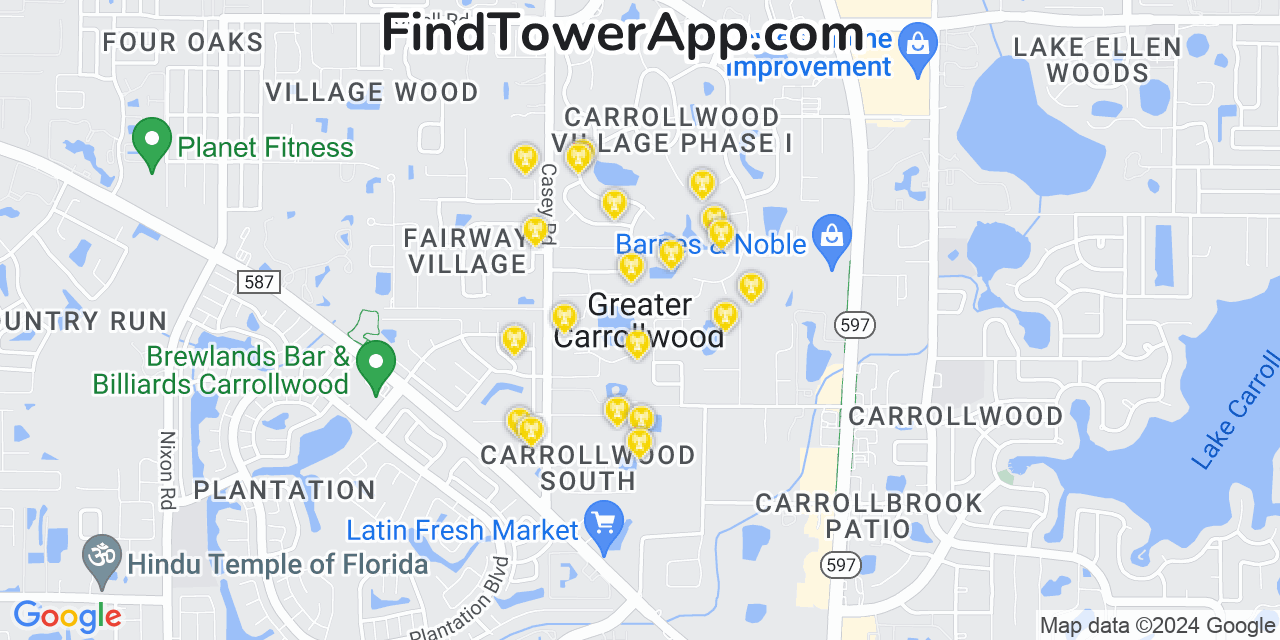 AT&T 4G/5G cell tower coverage map Carrollwood Village, Florida