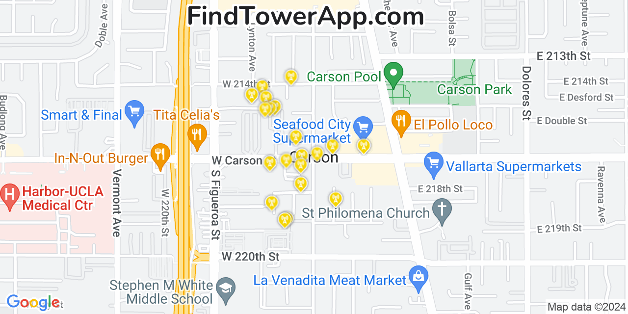 Verizon 4G/5G cell tower coverage map Carson, California