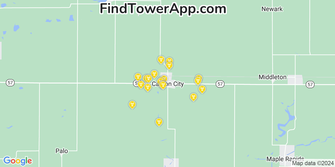 AT&T 4G/5G cell tower coverage map Carson City, Michigan
