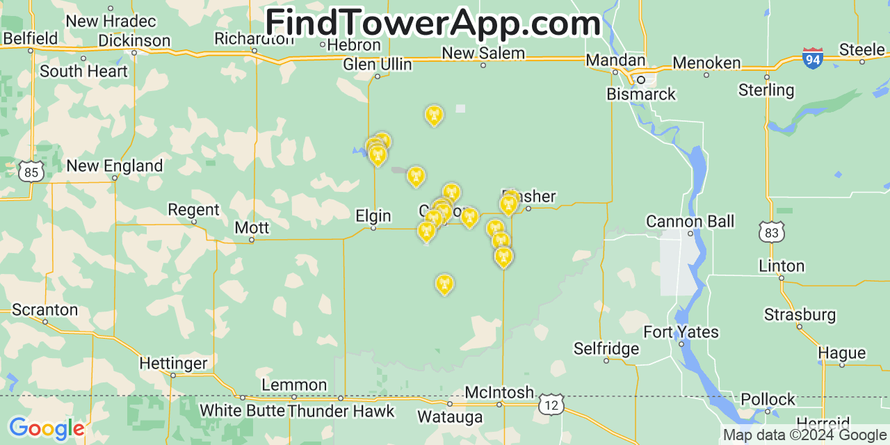 AT&T 4G/5G cell tower coverage map Carson, North Dakota