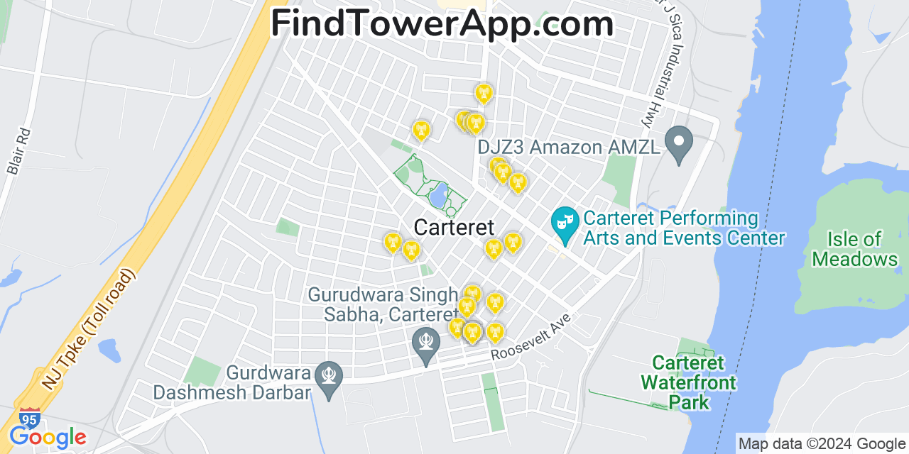 AT&T 4G/5G cell tower coverage map Carteret, New Jersey
