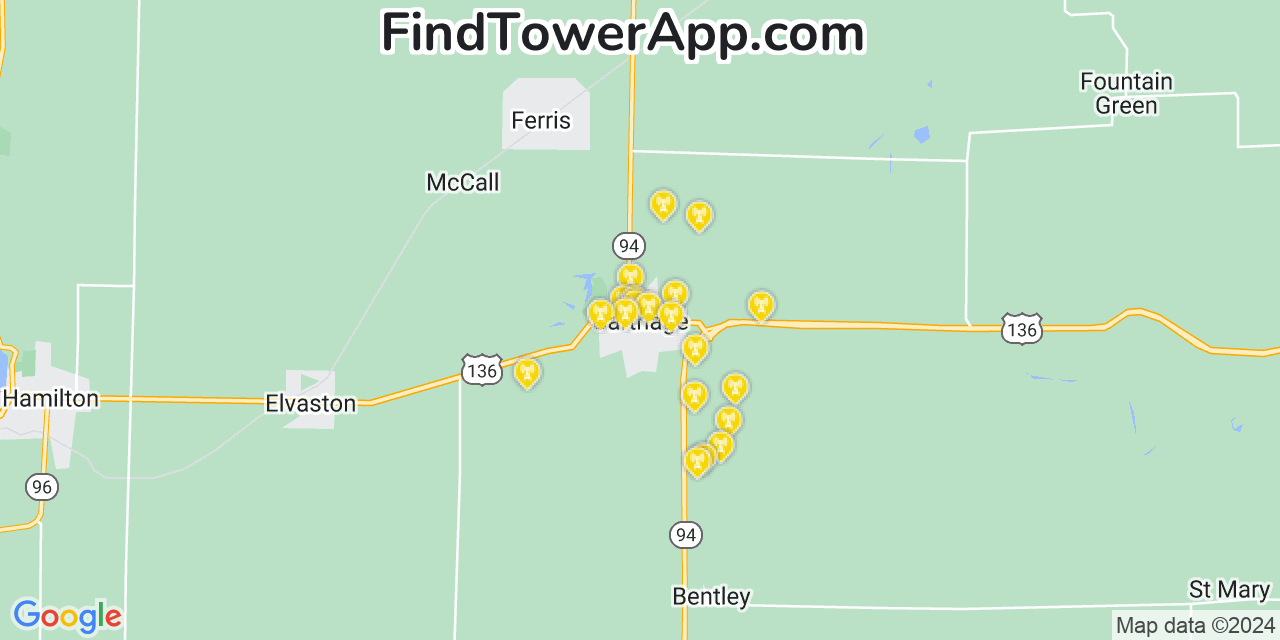 AT&T 4G/5G cell tower coverage map Carthage, Illinois
