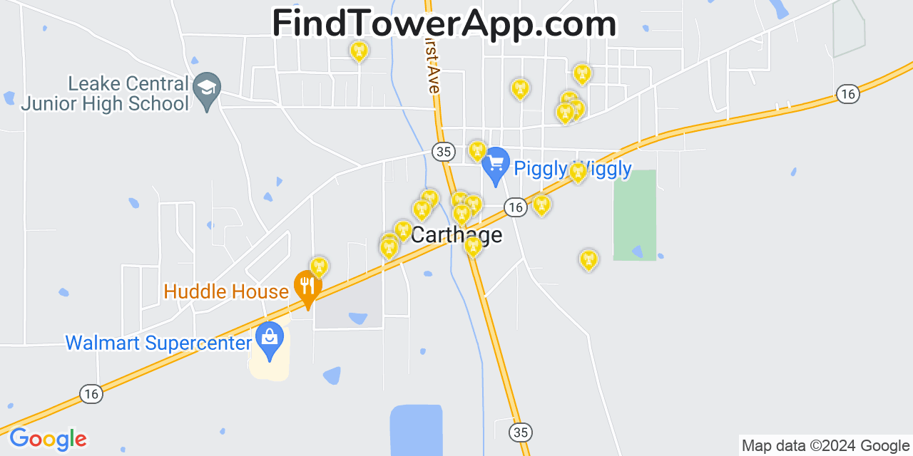 AT&T 4G/5G cell tower coverage map Carthage, Mississippi