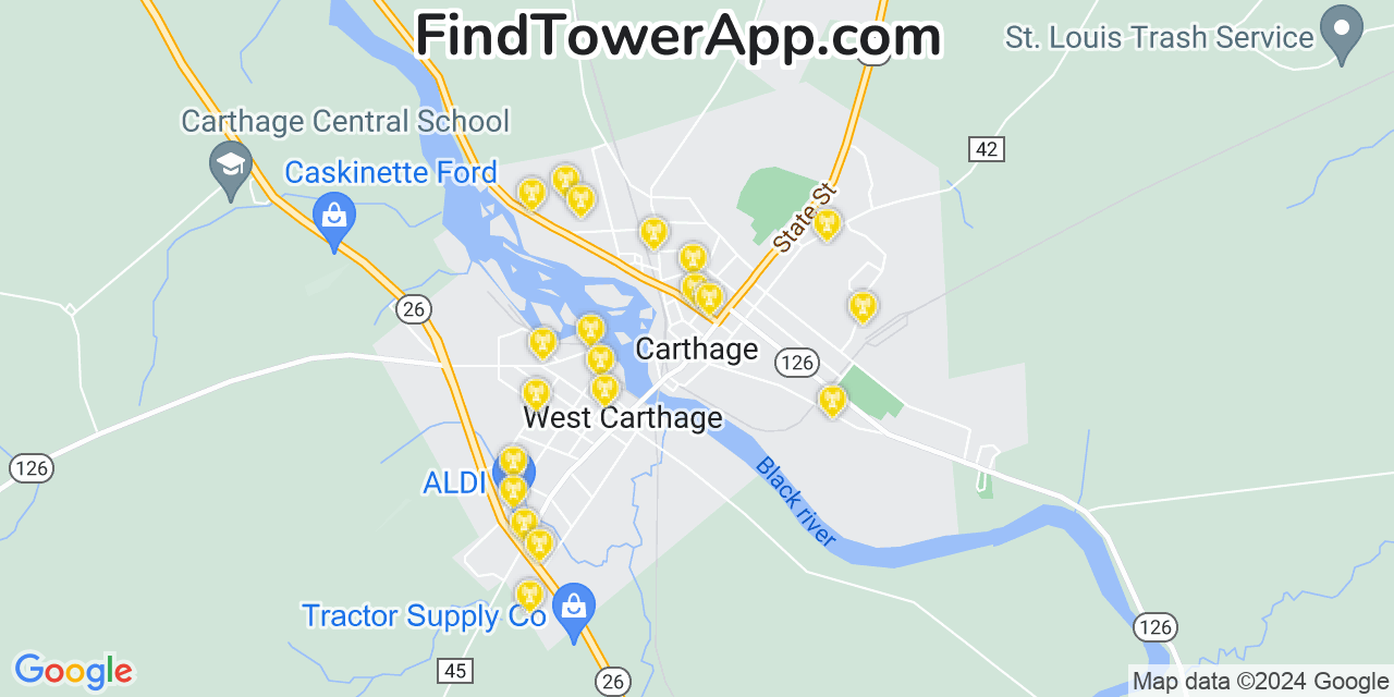 AT&T 4G/5G cell tower coverage map Carthage, New York
