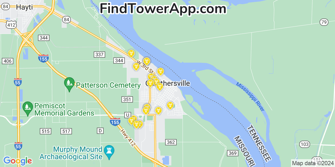 AT&T 4G/5G cell tower coverage map Caruthersville, Missouri