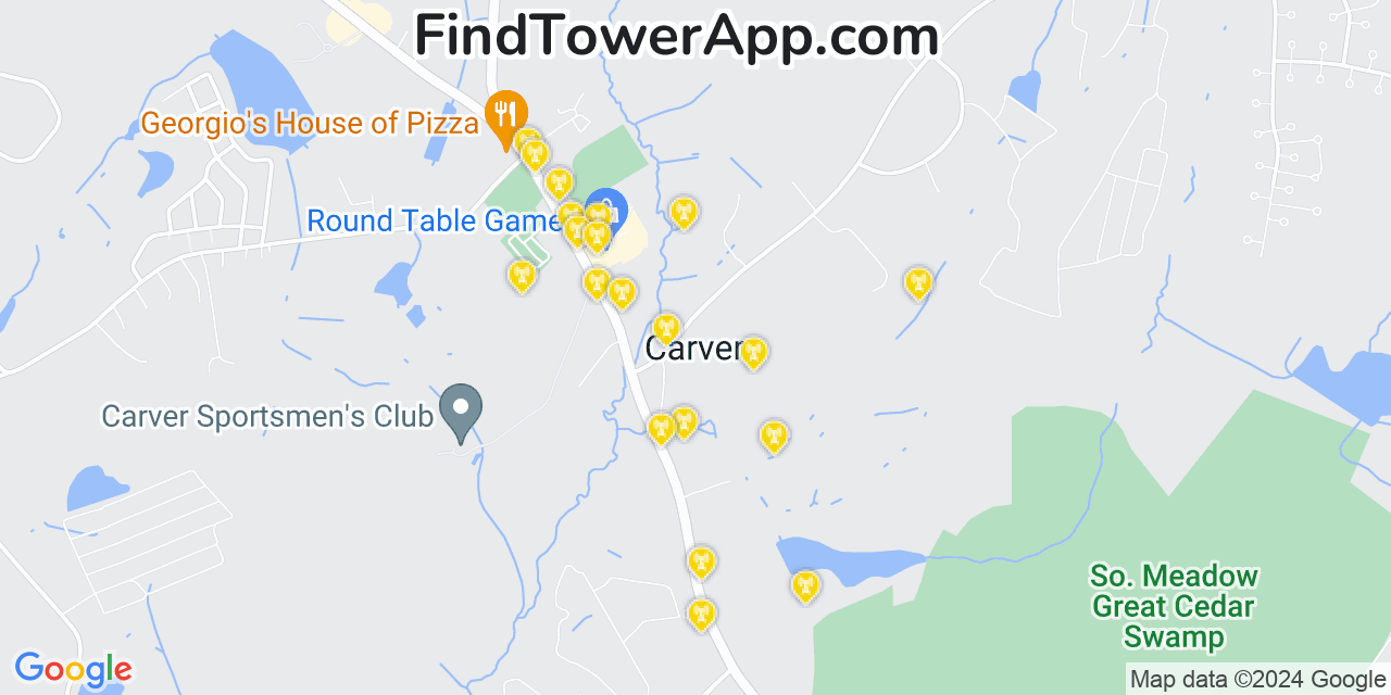 AT&T 4G/5G cell tower coverage map Carver, Massachusetts