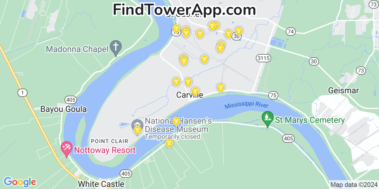 AT&T 4G/5G cell tower coverage map Carville, Louisiana