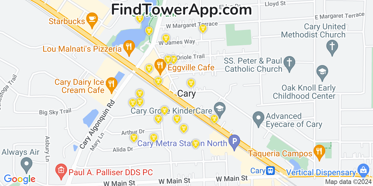 AT&T 4G/5G cell tower coverage map Cary, Illinois