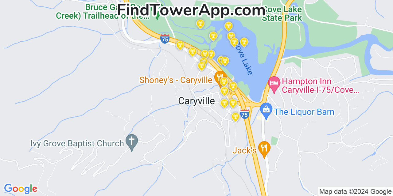 AT&T 4G/5G cell tower coverage map Caryville, Tennessee