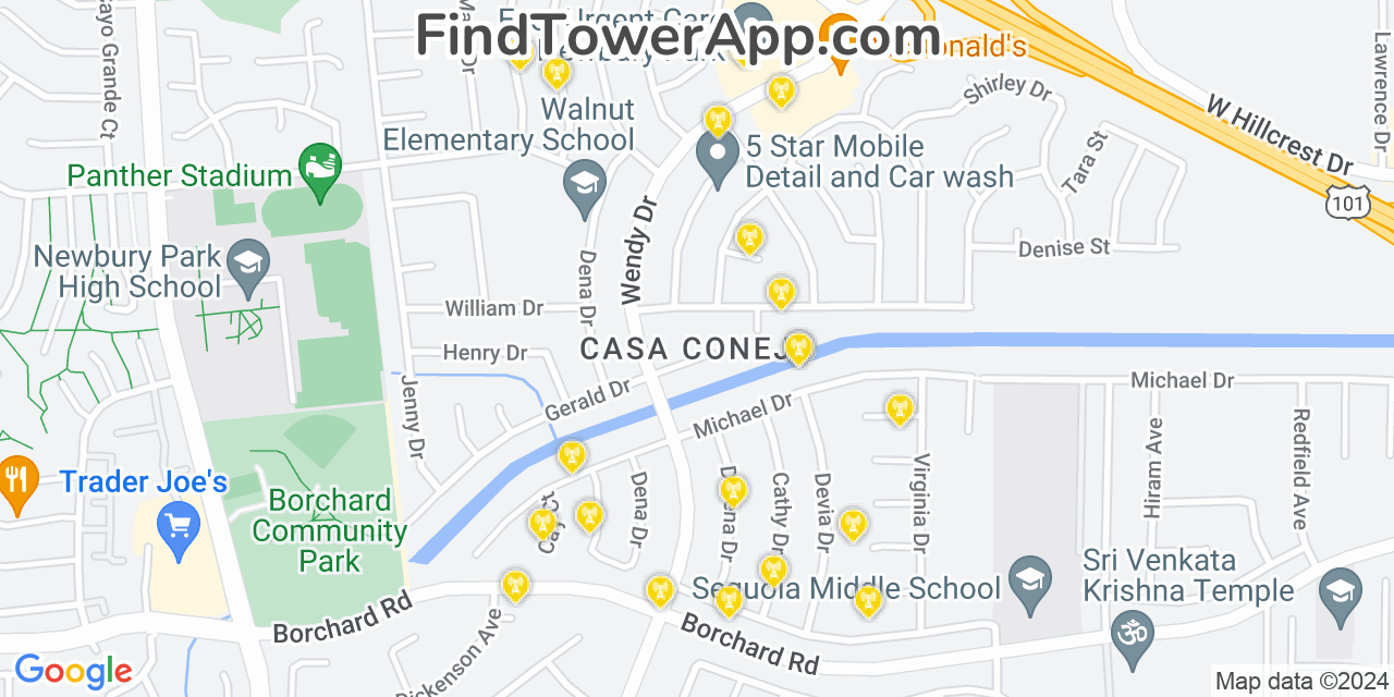 Verizon 4G/5G cell tower coverage map Casa Conejo, California