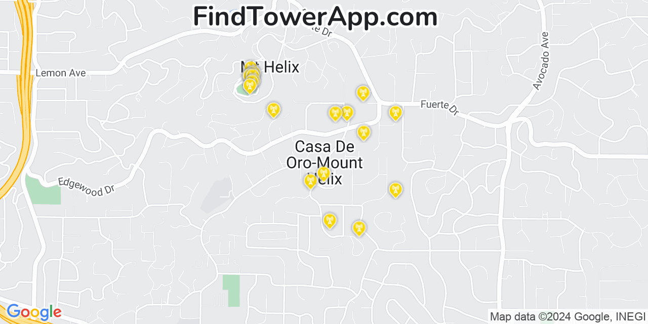 AT&T 4G/5G cell tower coverage map Casa de Oro Mount Helix, California