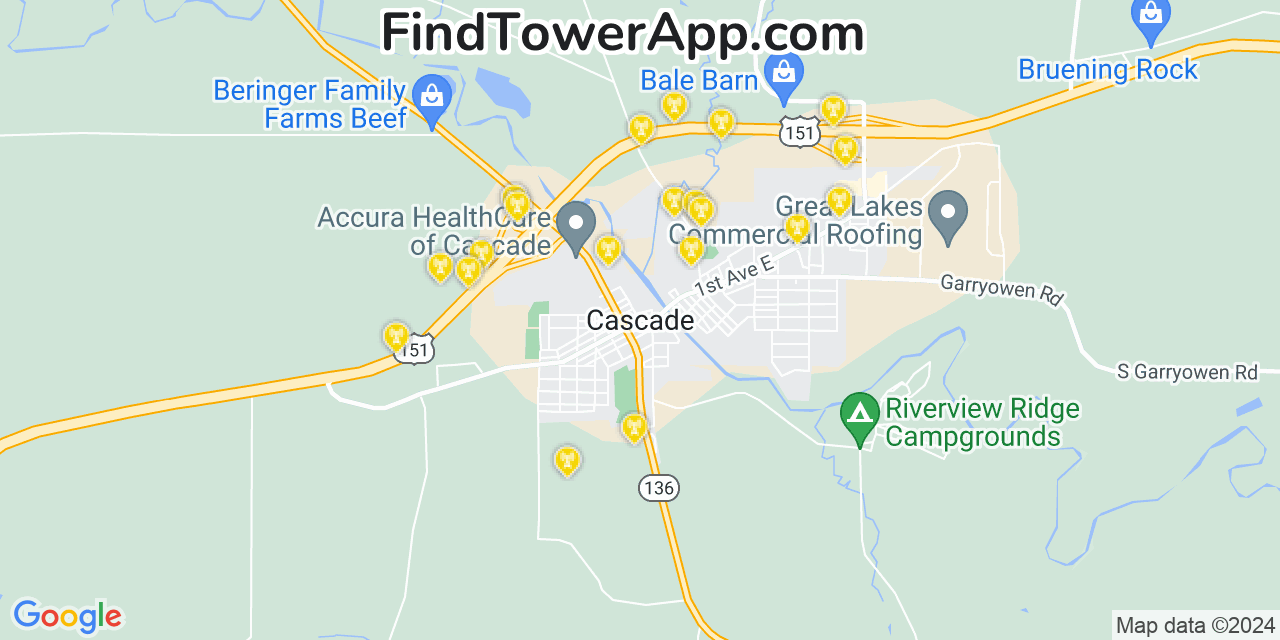 AT&T 4G/5G cell tower coverage map Cascade, Iowa