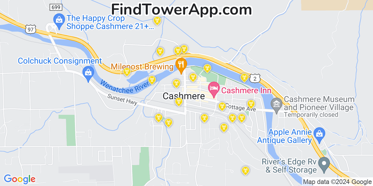 Verizon 4G/5G cell tower coverage map Cashmere, Washington