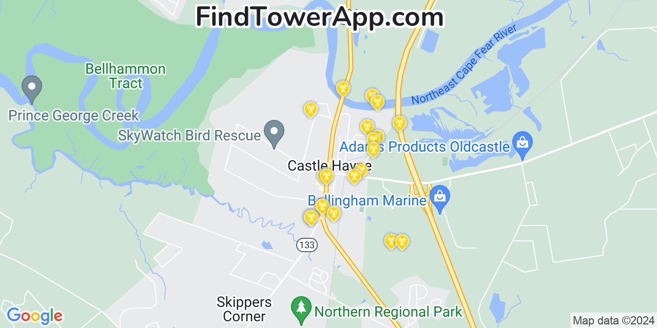 T-Mobile 4G/5G cell tower coverage map Castle Hayne, North Carolina