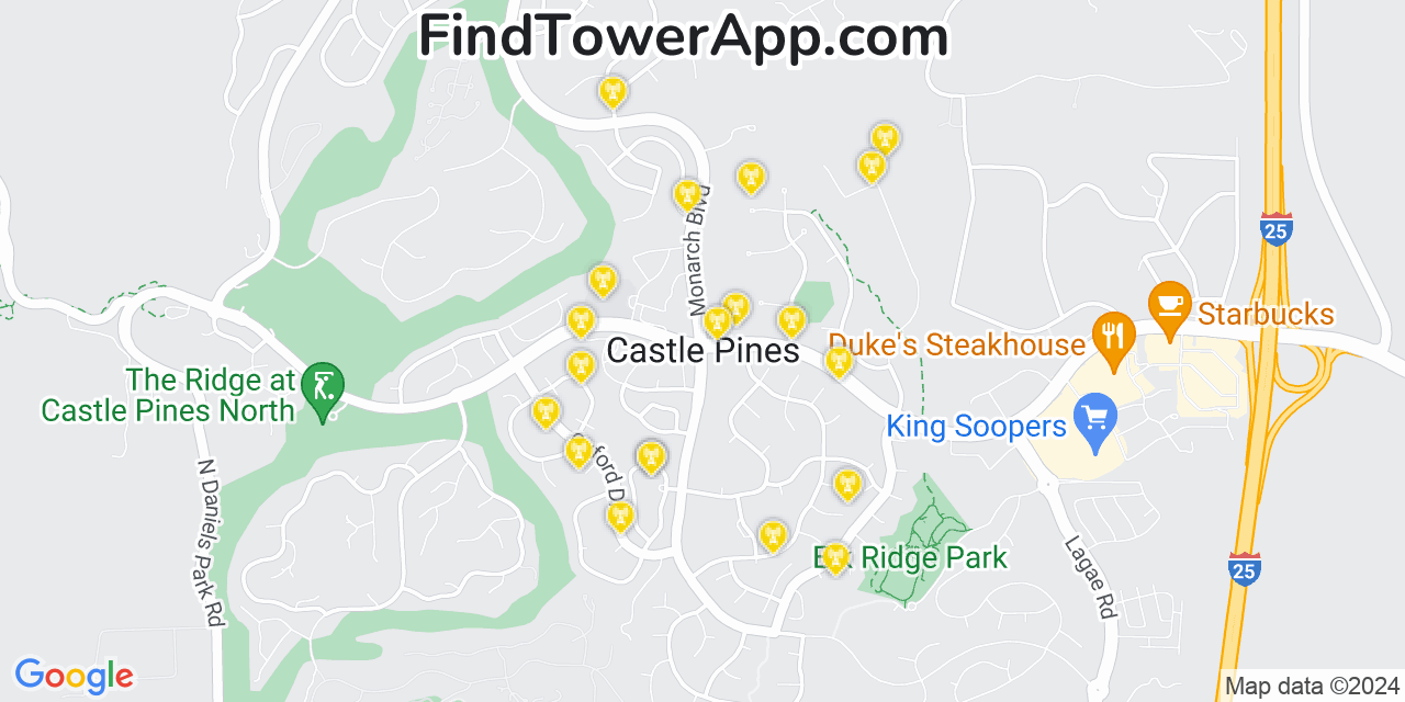 AT&T 4G/5G cell tower coverage map Castle Pines, Colorado