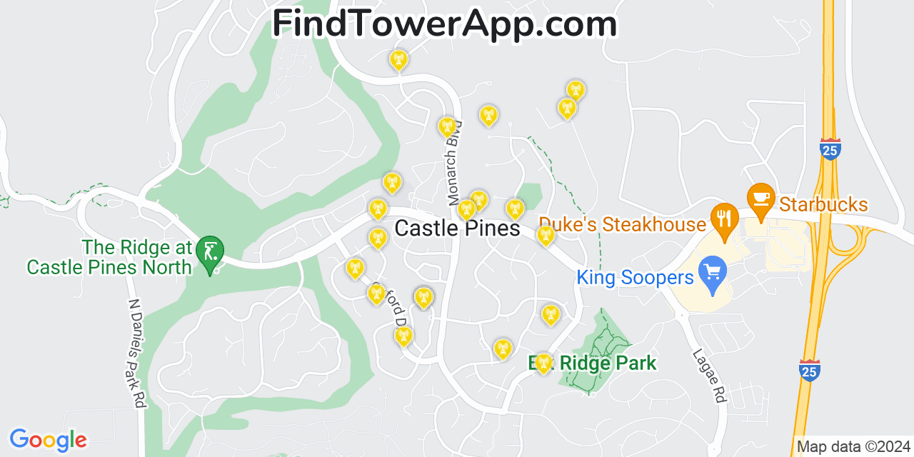 AT&T 4G/5G cell tower coverage map Castle Pines North, Colorado