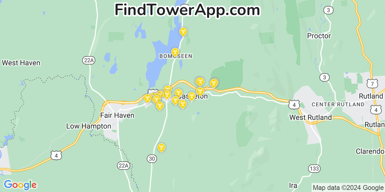 AT&T 4G/5G cell tower coverage map Castleton, Vermont