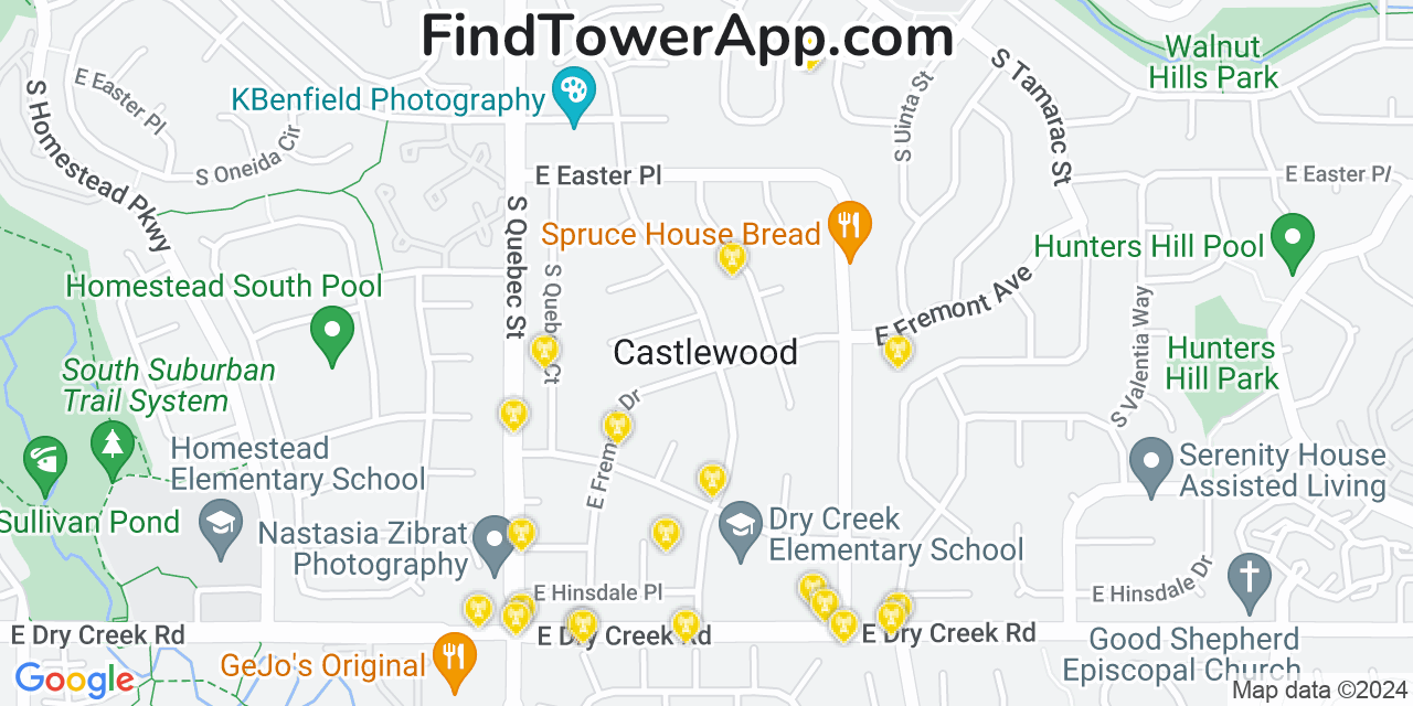 AT&T 4G/5G cell tower coverage map Castlewood, Colorado