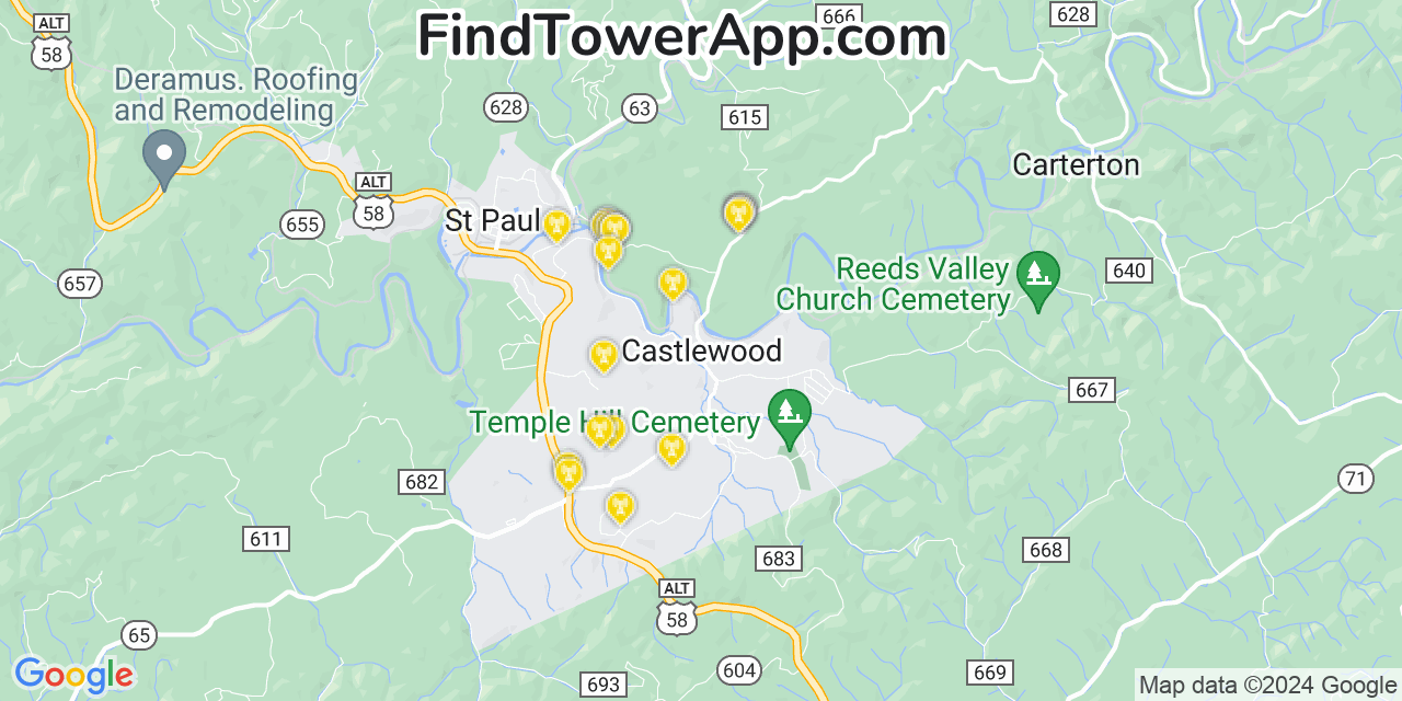 AT&T 4G/5G cell tower coverage map Castlewood, Virginia