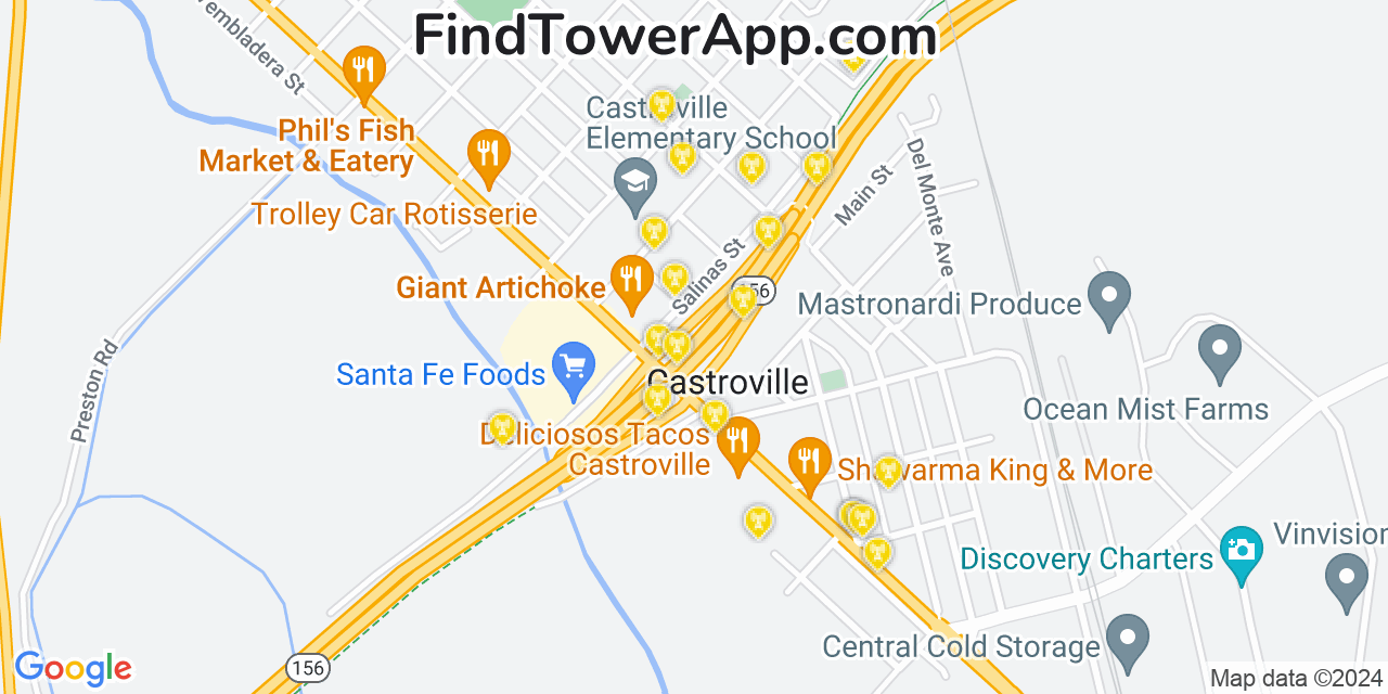 AT&T 4G/5G cell tower coverage map Castroville, California