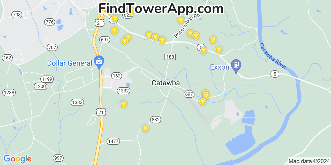 AT&T 4G/5G cell tower coverage map Catawba, South Carolina