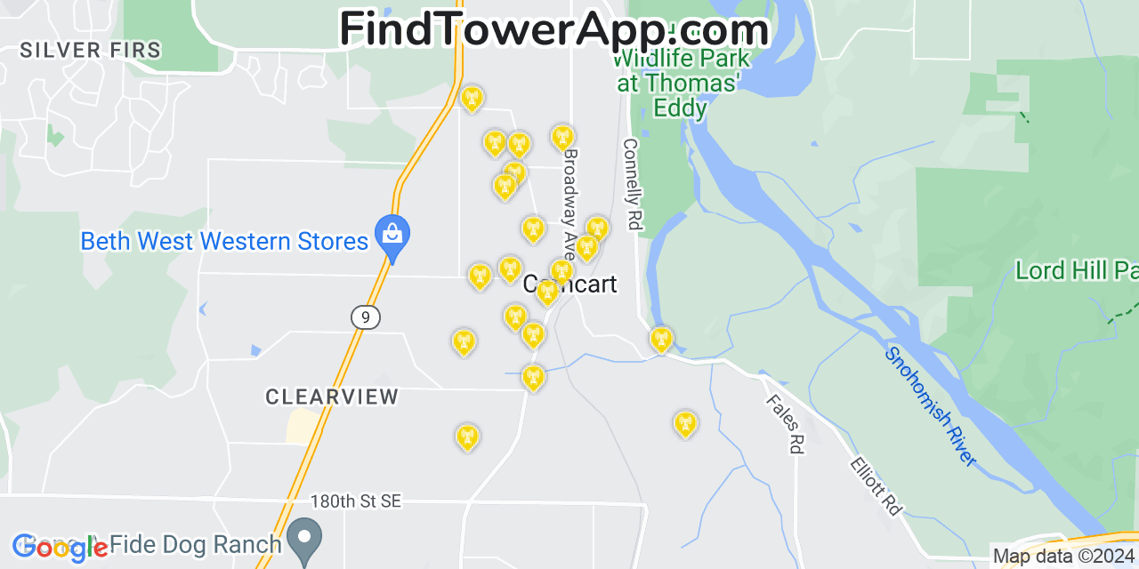 AT&T 4G/5G cell tower coverage map Cathcart, Washington