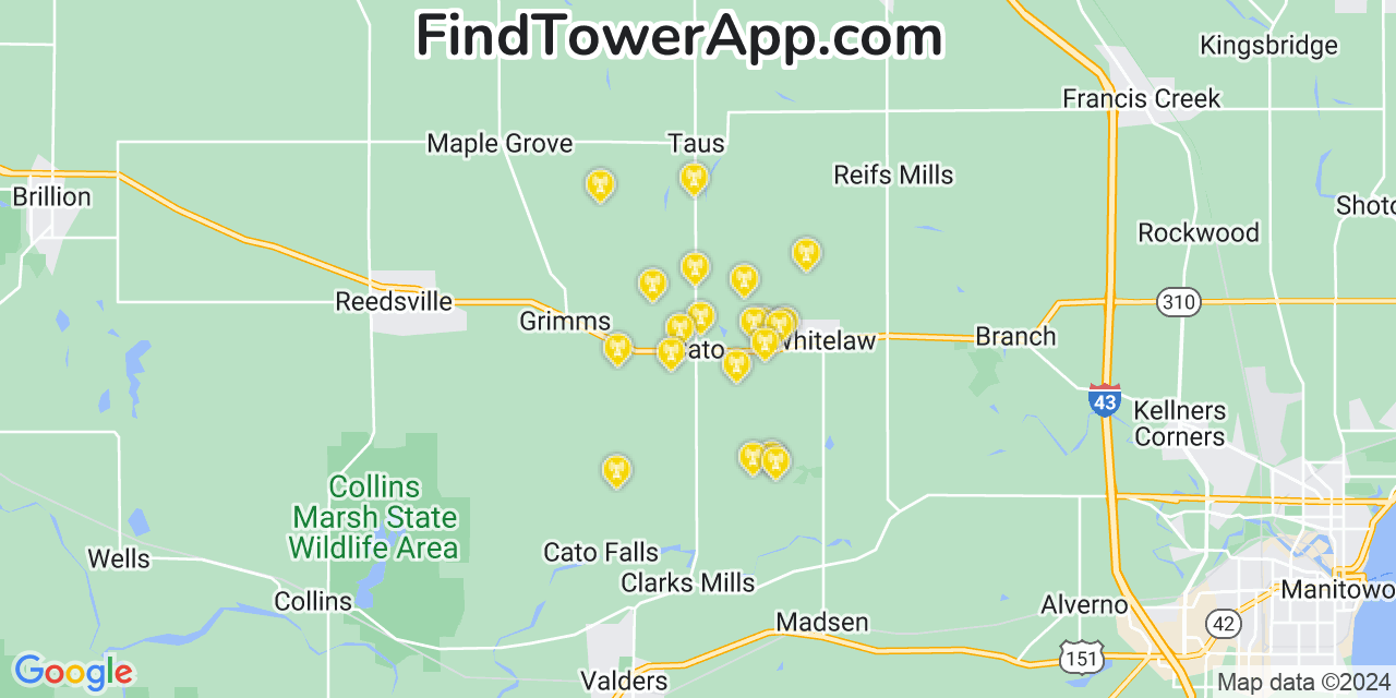 AT&T 4G/5G cell tower coverage map Cato, Wisconsin