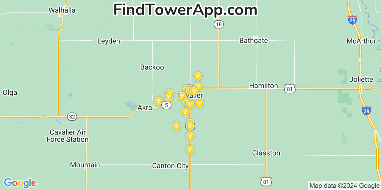 AT&T 4G/5G cell tower coverage map Cavalier, North Dakota