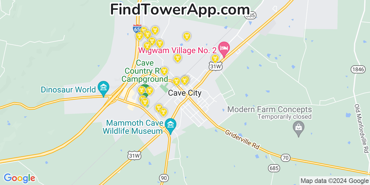 AT&T 4G/5G cell tower coverage map Cave City, Kentucky