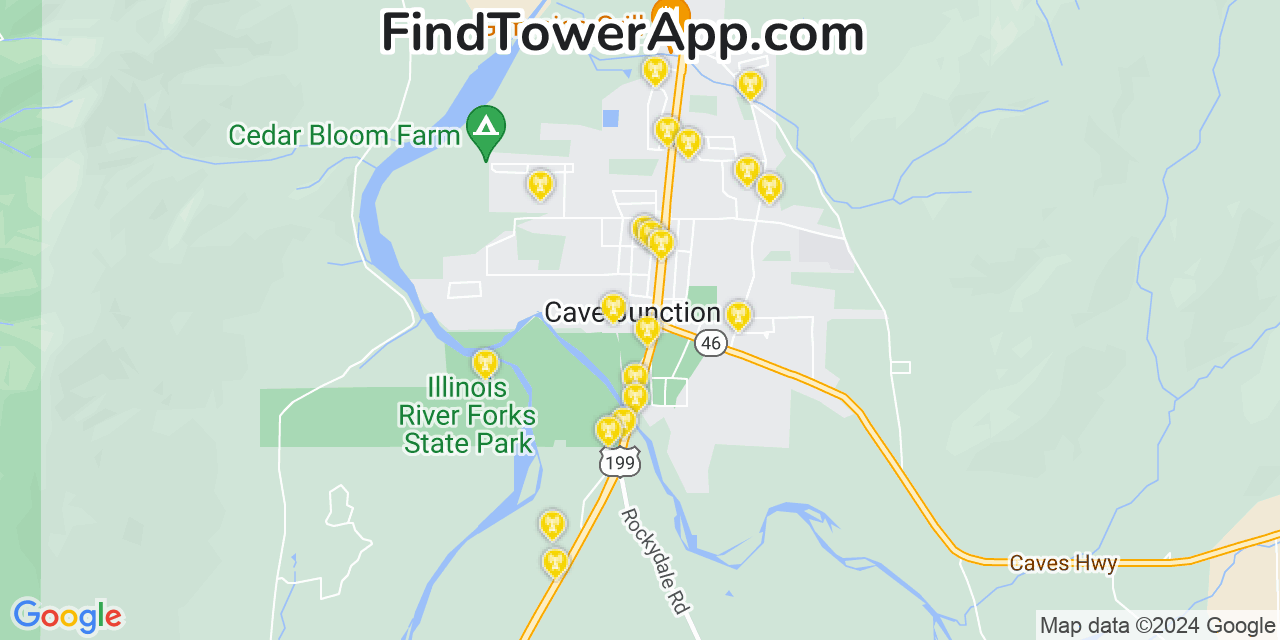 AT&T 4G/5G cell tower coverage map Cave Junction, Oregon