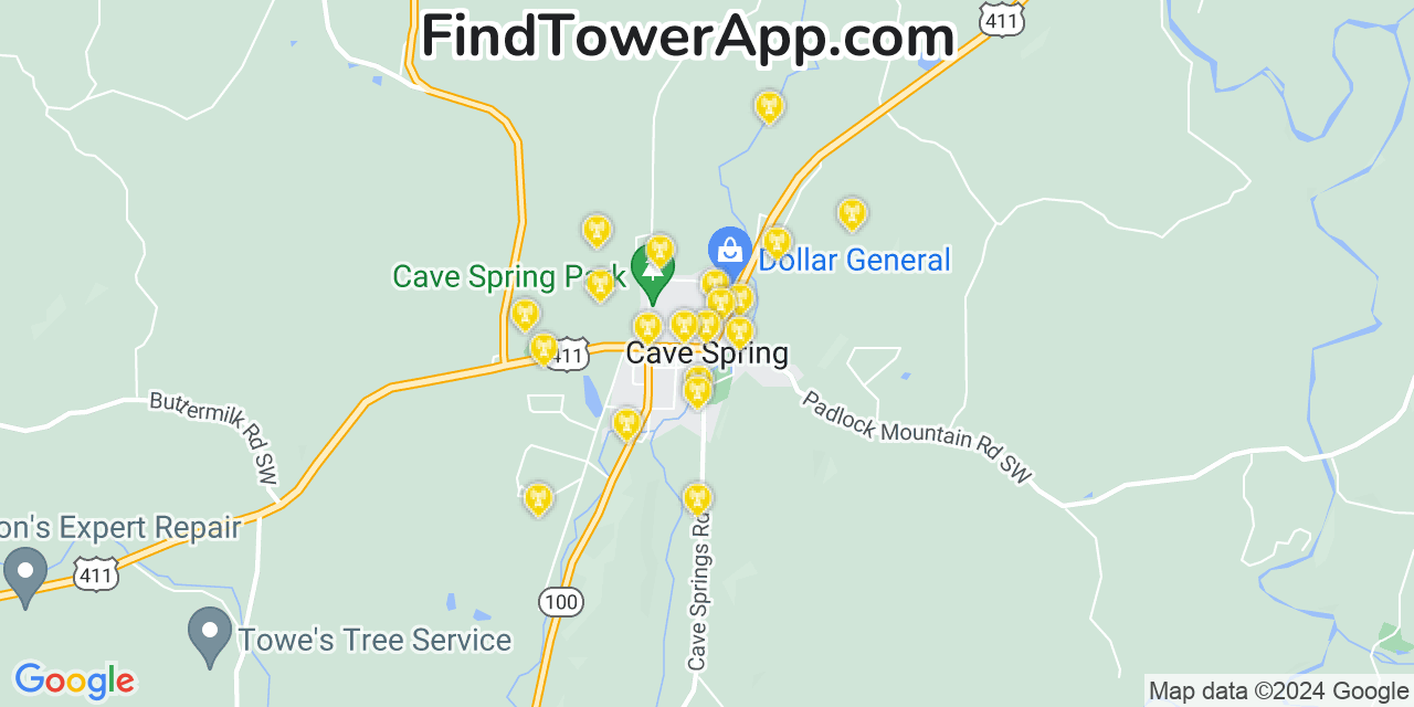 AT&T 4G/5G cell tower coverage map Cave Spring, Georgia
