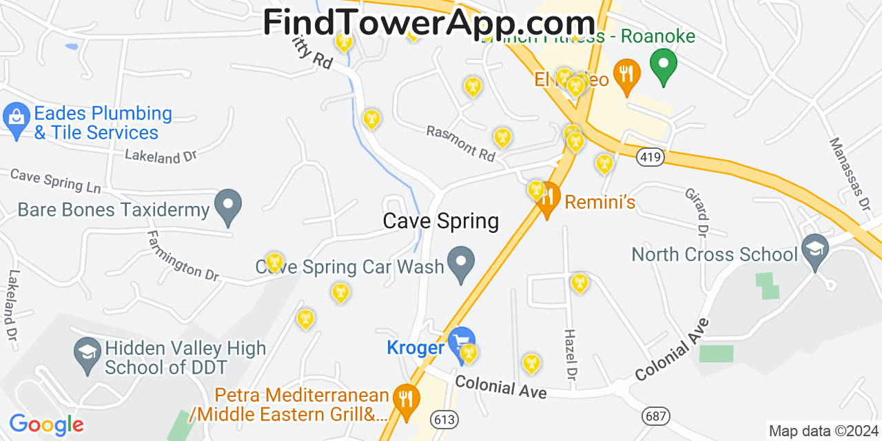 AT&T 4G/5G cell tower coverage map Cave Spring, Virginia