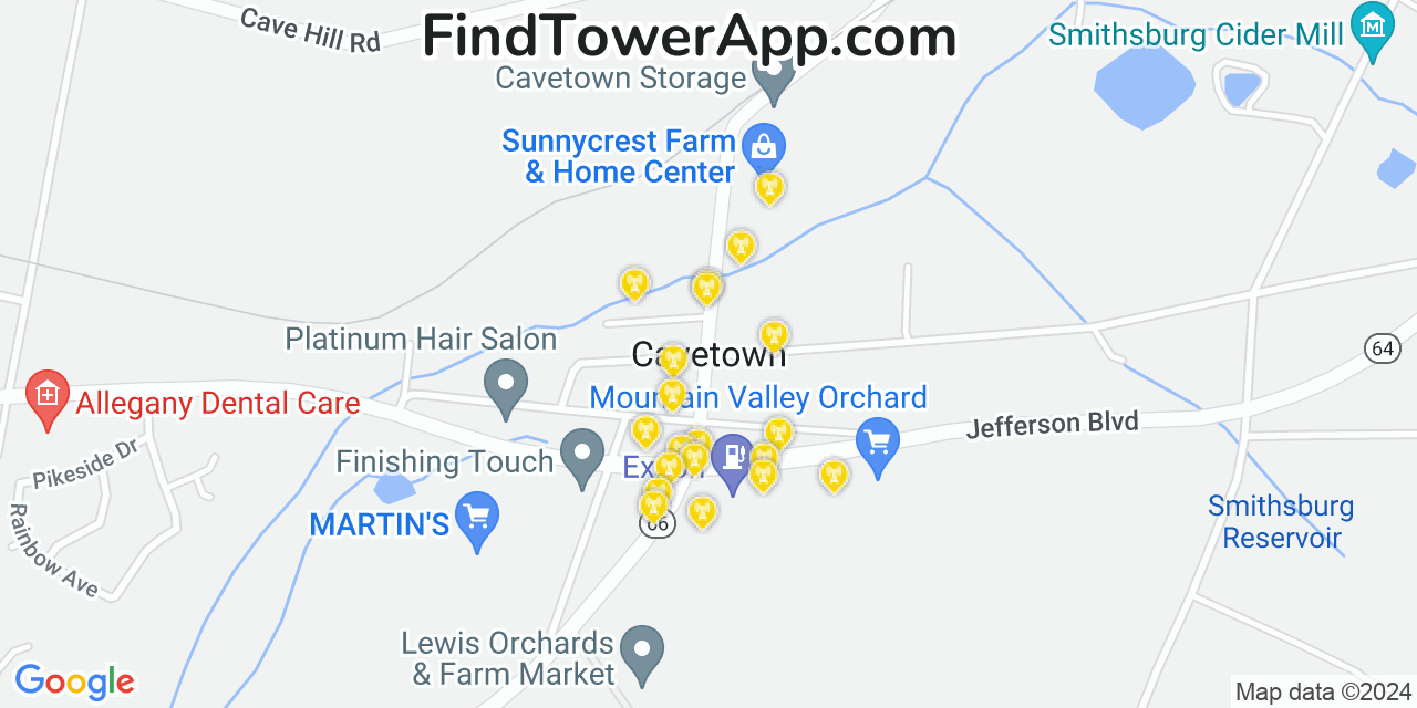AT&T 4G/5G cell tower coverage map Cavetown, Maryland