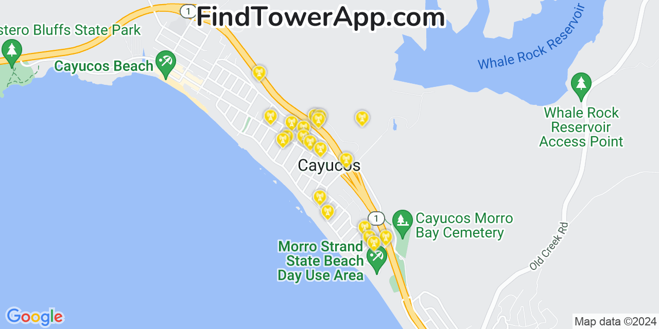 AT&T 4G/5G cell tower coverage map Cayucos, California