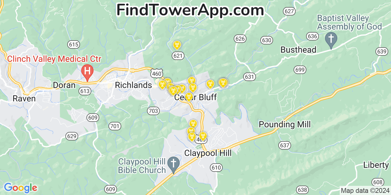 Verizon 4G/5G cell tower coverage map Cedar Bluff, Virginia