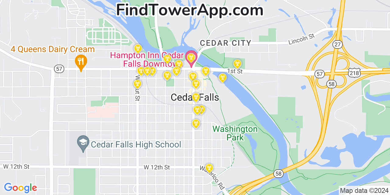 AT&T 4G/5G cell tower coverage map Cedar Falls, Iowa