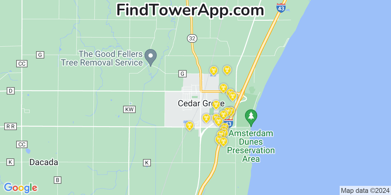 AT&T 4G/5G cell tower coverage map Cedar Grove, Wisconsin