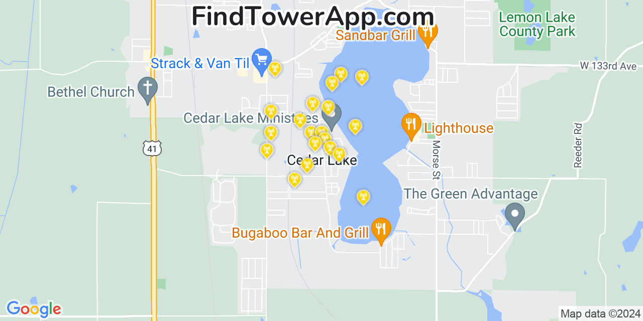 AT&T 4G/5G cell tower coverage map Cedar Lake, Indiana