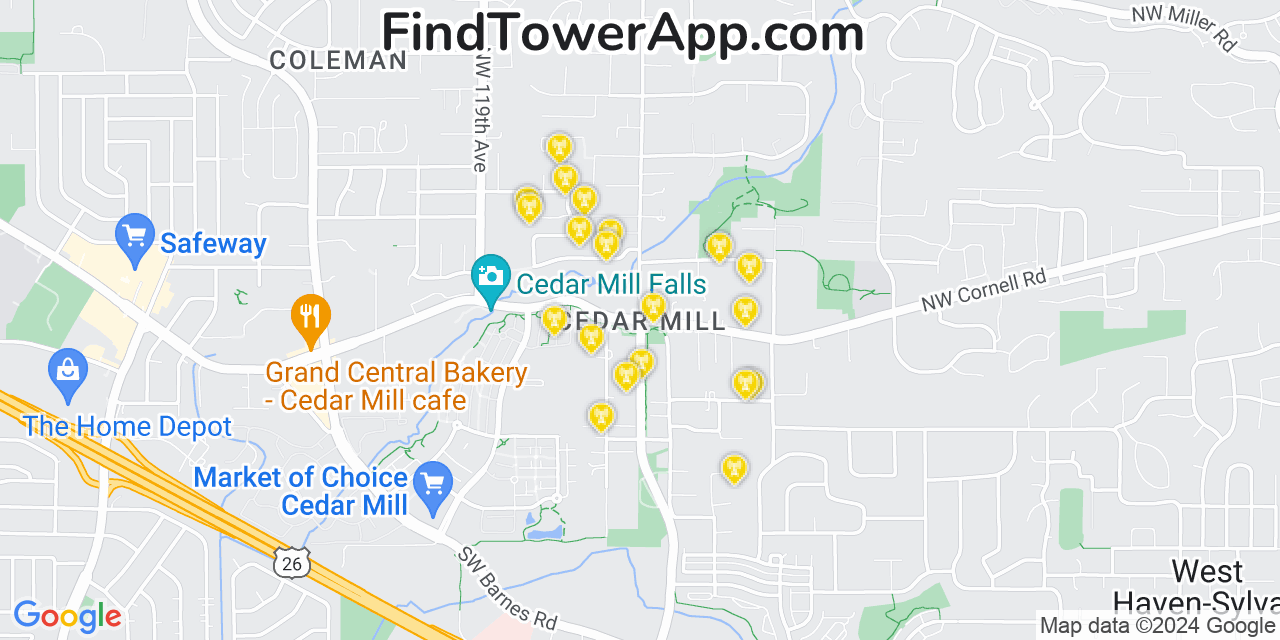 AT&T 4G/5G cell tower coverage map Cedar Mill, Oregon