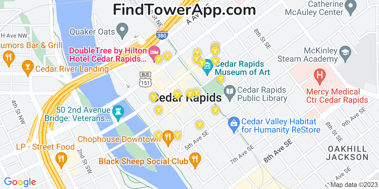 AT&T 4G/5G cell tower coverage map Cedar Rapids, Iowa