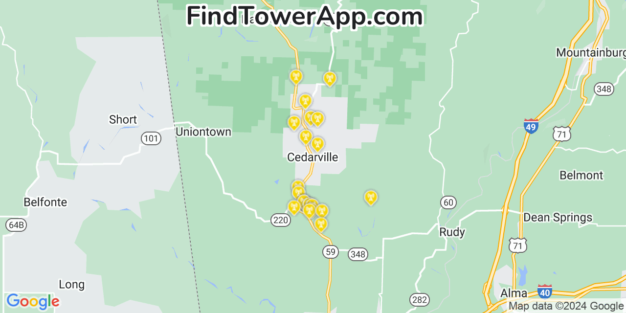 AT&T 4G/5G cell tower coverage map Cedarville, Arkansas